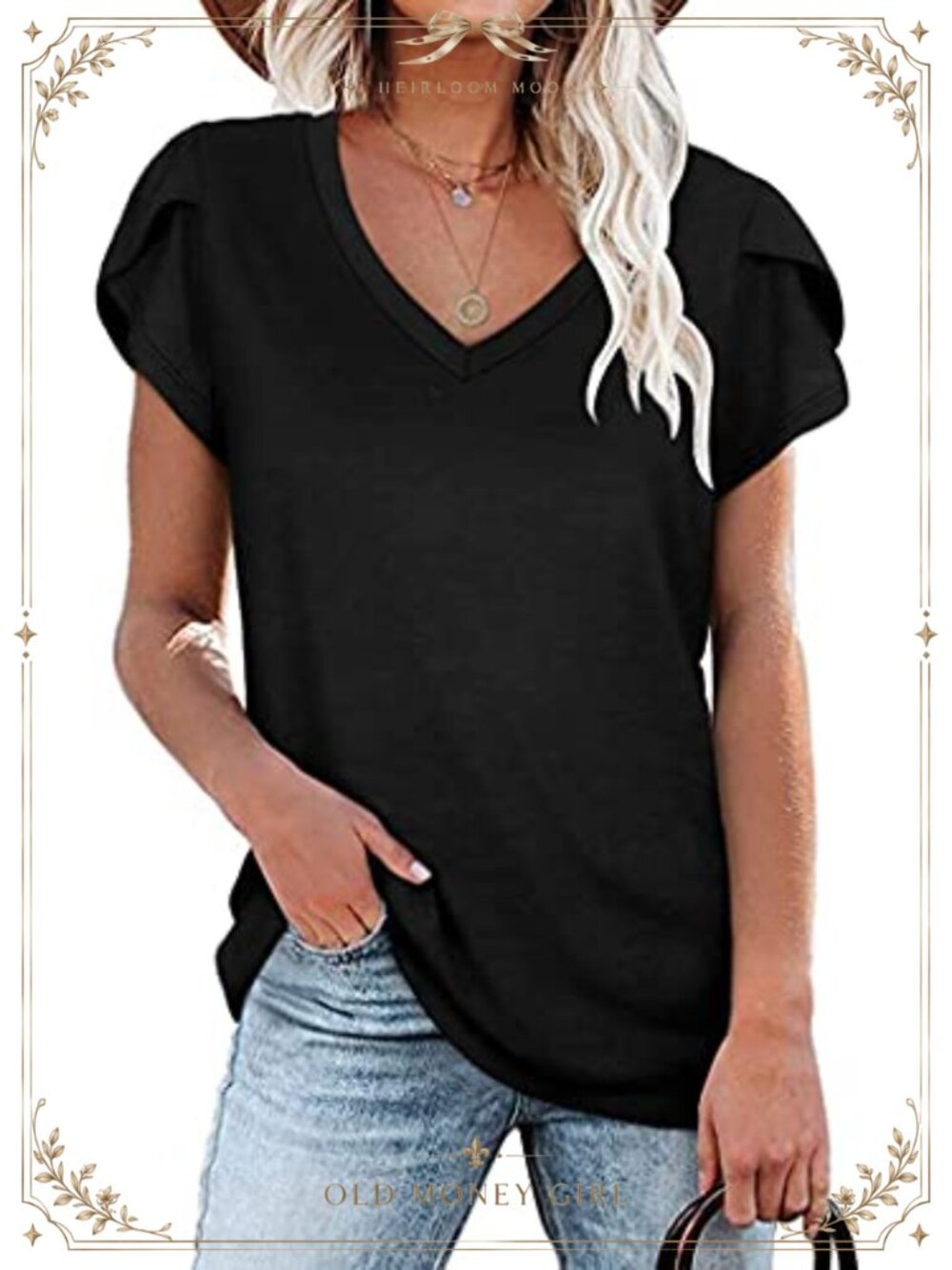 Womens V Neck Petal Sleeve Casual Solid Color Tee Summer T-Shirt Loose Fit